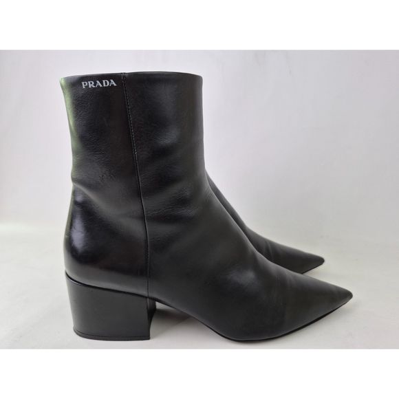 Prada Women's Black Nero Leather Pointy Toe Booties Size 38.5 - Picture 1 of 8